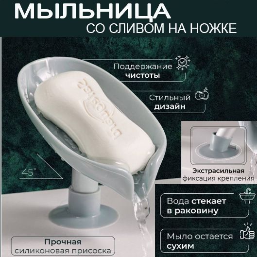 Подставка для мыла со сливом на суперкрепкой присоске 12x8x10см, мыльница
