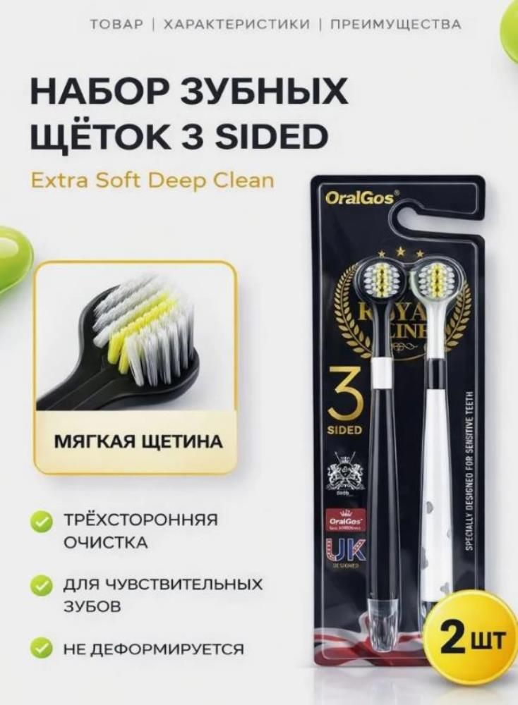 3-сторонняя зубная щетка OralGos со спиральной зауженной мягкой щетиной и изогнутой 3D-головкой, удобное Очищение рта на 360 градусов